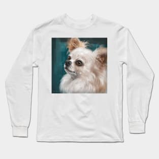 Cute Furry White and Brown Chihuahua on Dark Green Background Long Sleeve T-Shirt